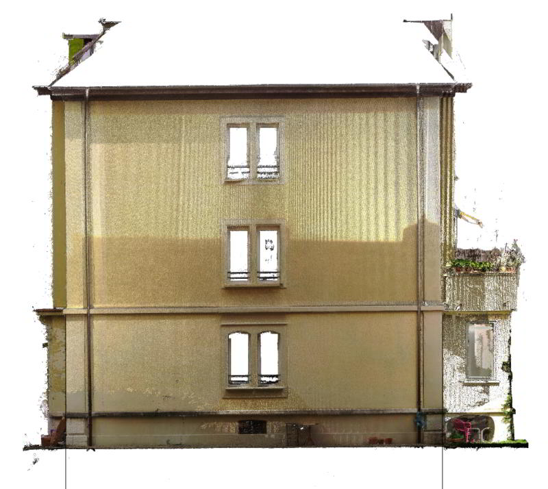 Laserscan-Photo einer Gebäudefassade mit 3 Fenstern übereinander